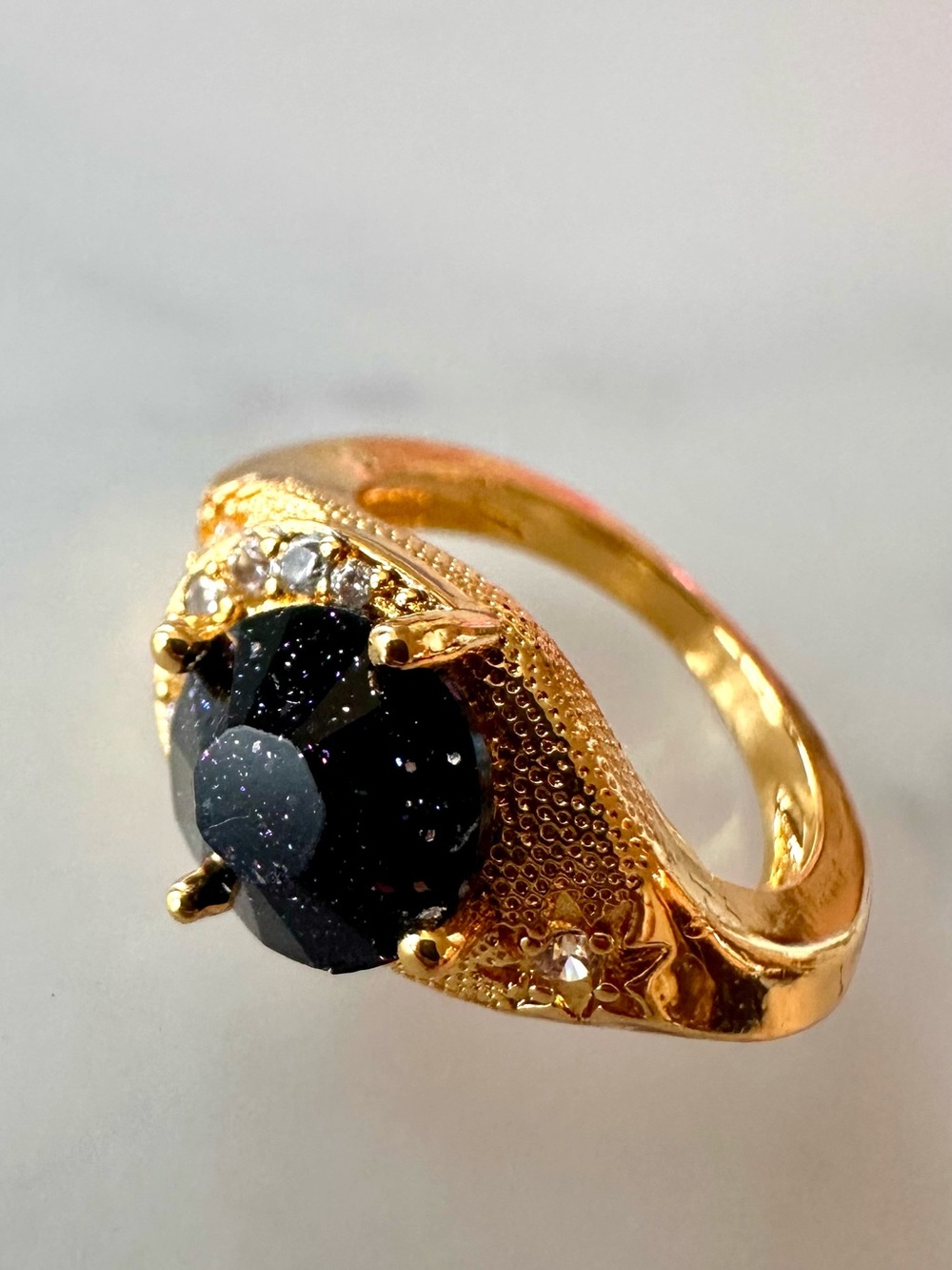 Blue Goldstone Celestial Statement Ring Size 5 Gold Tone Sun Star